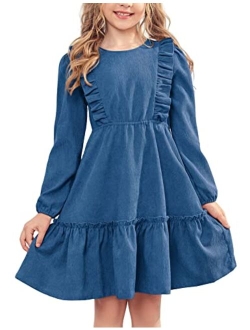 Girls Dresses Casual A-line Ruffled Button Long Sleeve Corduroy Swing Dress