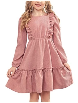 Girls Dresses Casual A-line Ruffled Button Long Sleeve Corduroy Swing Dress