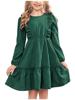 Girls Dresses Casual A-line Ruffled Button Long Sleeve Corduroy Swing Dress