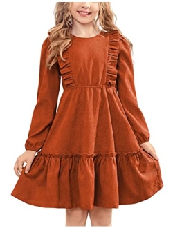 Girls Dresses Casual A-line Ruffled Button Long Sleeve Corduroy Swing Dress