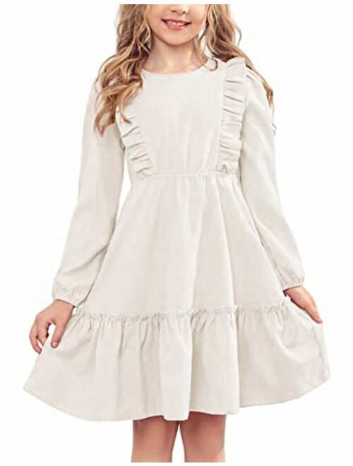 Arshiner Girls Dresses Casual A-line Ruffled Button Long Sleeve Corduroy Swing Dress