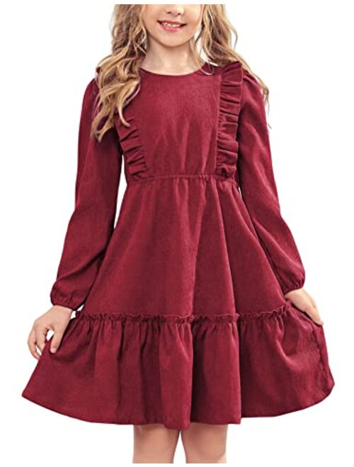 Arshiner Girls Dresses Casual A-line Ruffled Button Long Sleeve Corduroy Swing Dress