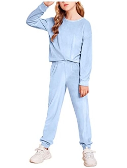 Girls 2 Piece Outfits Kids Velour Sweatshirts & Sweatpants Loungewear Clothing Sets