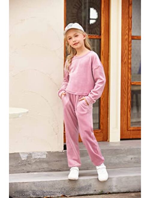 Arshiner Girls 2 Piece Outfits Kids Velour Sweatshirts & Sweatpants Loungewear Clothing Sets