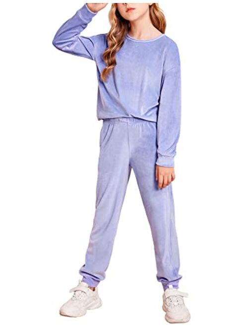 Arshiner Girls 2 Piece Outfits Kids Velour Sweatshirts & Sweatpants Loungewear Clothing Sets