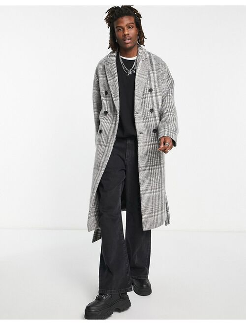 ASOS DESIGN oversized belted overcoat in gray plaid