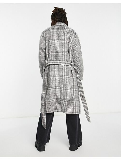 ASOS DESIGN oversized belted overcoat in gray plaid