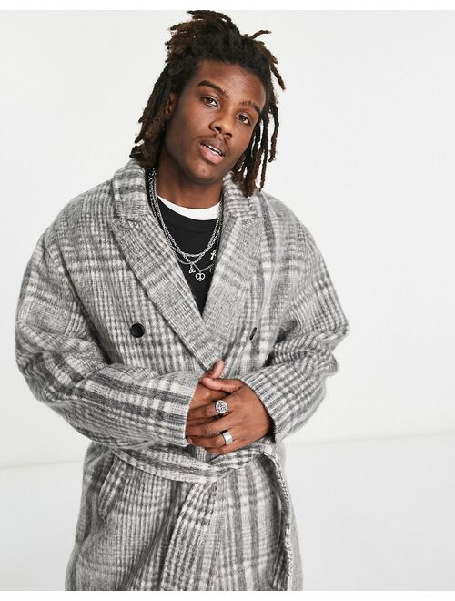 ASOS DESIGN oversized belted overcoat in gray plaid