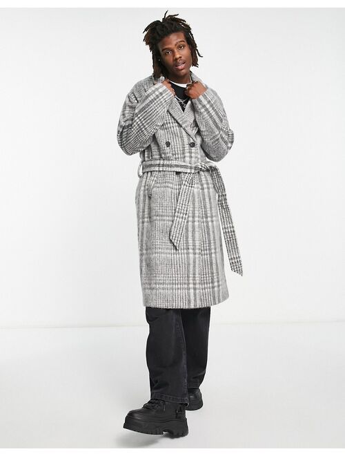 ASOS DESIGN oversized belted overcoat in gray plaid