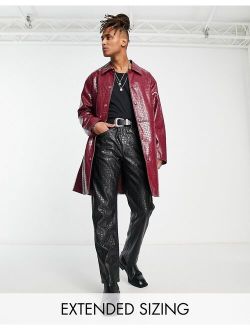 faux leather snake trench coat in burgundy