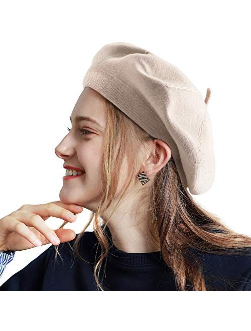 LADYBRO 2 Layers French Beret Hats for Women, Warm Cable Knit Beret Wool Beret Soft Hat