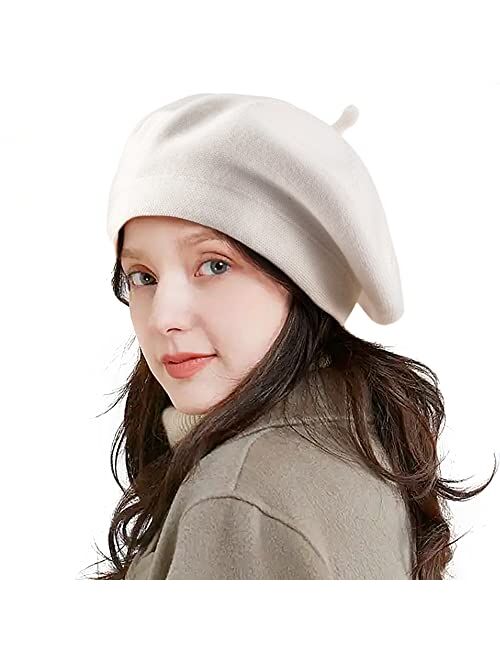 LADYBRO 2 Layers French Beret Hats for Women, Warm Cable Knit Beret Wool Beret Soft Hat