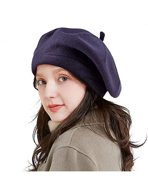 LADYBRO 2 Layers French Beret Hats for Women, Warm Cable Knit Beret Wool Beret Soft Hat