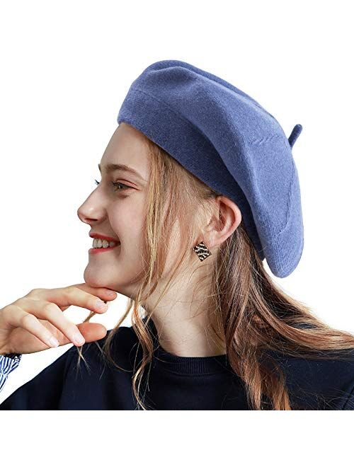 LADYBRO 2 Layers French Beret Hats for Women, Warm Cable Knit Beret Wool Beret Soft Hat