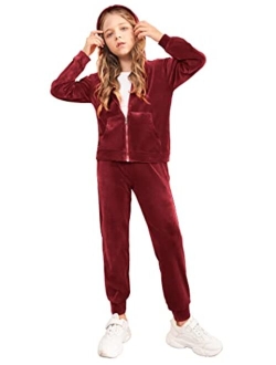 2 Piece Outfits for Girls Velour Tracksuit Hoodie and Jogger Set Sweatsuit Athletic Clothes Sets