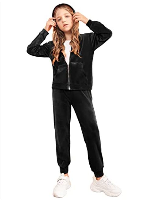 Arshiner 2 Piece Outfits for Girls Velour Tracksuit Hoodie and Jogger Set Sweatsuit Athletic Clothes Sets