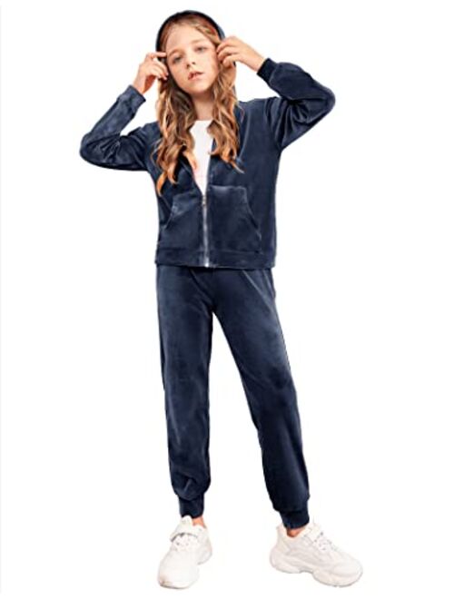 Arshiner 2 Piece Outfits for Girls Velour Tracksuit Hoodie and Jogger Set Sweatsuit Athletic Clothes Sets