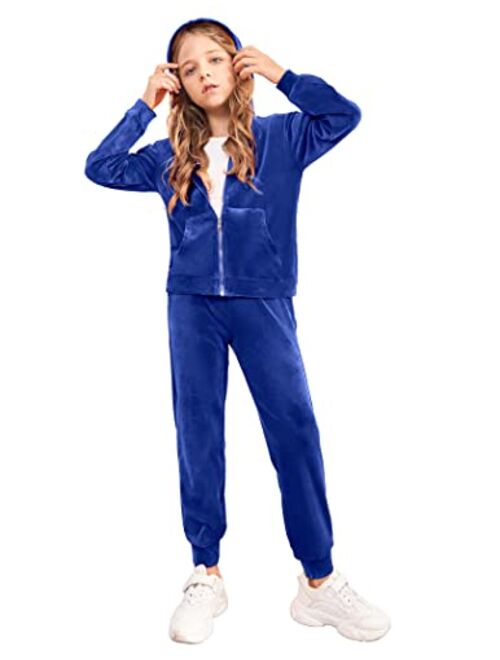 Arshiner 2 Piece Outfits for Girls Velour Tracksuit Hoodie and Jogger Set Sweatsuit Athletic Clothes Sets