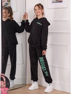 Teen Girls Letter Graphic Zip Up Hoodie and Sweatpants Set