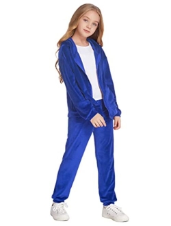 Hopeac Girls Casual Basic Velour Zip Up Hoodie Sweatsuit Tracksuit Set Jogger Clothes Outfits