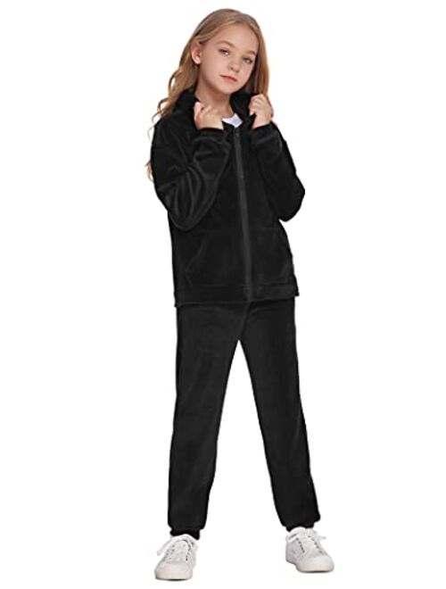 Hopeac Girls Casual Basic Velour Zip Up Hoodie Sweatsuit Tracksuit Set Jogger Clothes Outfits