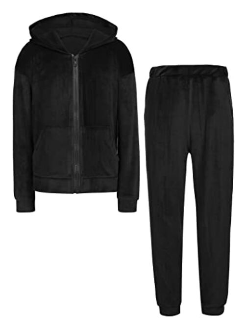 Hopeac Girls Casual Basic Velour Zip Up Hoodie Sweatsuit Tracksuit Set Jogger Clothes Outfits