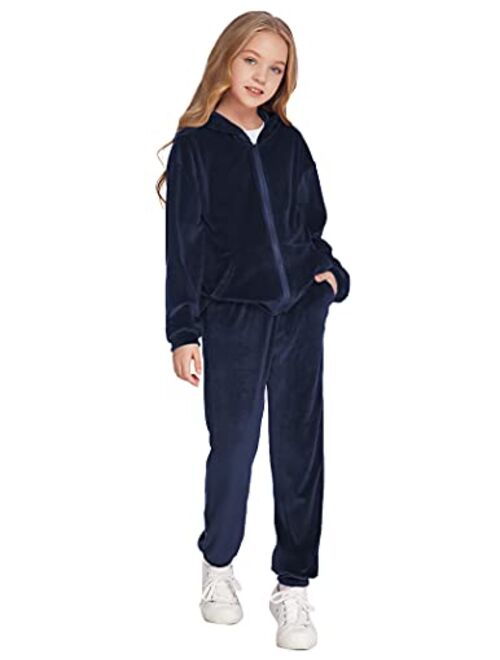 Hopeac Girls Casual Basic Velour Zip Up Hoodie Sweatsuit Tracksuit Set Jogger Clothes Outfits