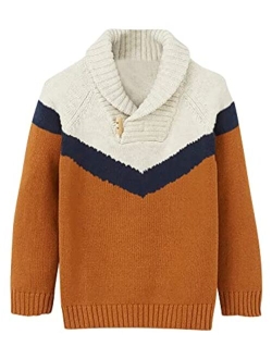 Makkrom Kids and Boys Pullover Sweater Contrast Color Shawl Collar Long Sleeve Toggle Button Knitted Jumper