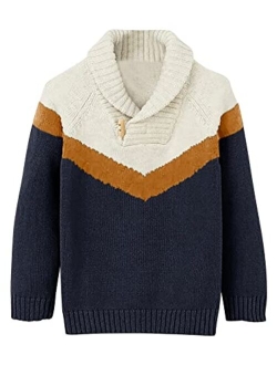 Makkrom Kids and Boys Pullover Sweater Contrast Color Shawl Collar Long Sleeve Toggle Button Knitted Jumper