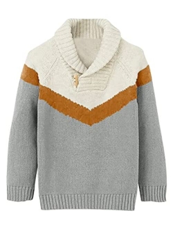 Makkrom Kids and Boys Pullover Sweater Contrast Color Shawl Collar Long Sleeve Toggle Button Knitted Jumper