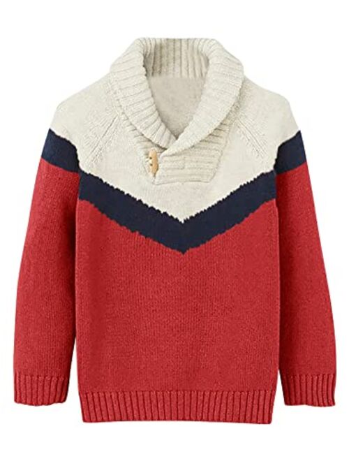 Makkrom Kids and Boys Pullover Sweater Contrast Color Shawl Collar Long Sleeve Toggle Button Knitted Jumper