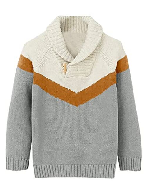 Makkrom Kids and Boys Pullover Sweater Contrast Color Shawl Collar Long Sleeve Toggle Button Knitted Jumper