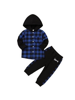 Fuermos Toddler Baby Boys Clothes Flannel Lattice Button Down Hoodied Tops +Pants Boys Fall Winter Outfits