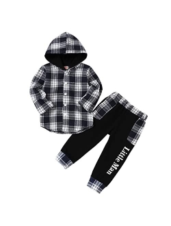 Fuermos Toddler Baby Boys Clothes Flannel Lattice Button Down Hoodied Tops +Pants Boys Fall Winter Outfits