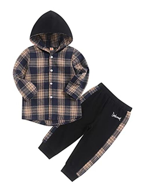 Fuermos Toddler Baby Boys Clothes Flannel Lattice Button Down Hoodied Tops +Pants Boys Fall Winter Outfits