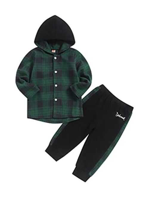 Fuermos Toddler Baby Boys Clothes Flannel Lattice Button Down Hoodied Tops +Pants Boys Fall Winter Outfits