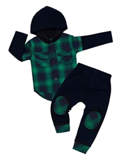 Donwen Toddler Baby Boy Clothes Baby Boy Fall Clothes Plaid Long Sleeve Hoodie + Pants Toddler Clothes for Boys