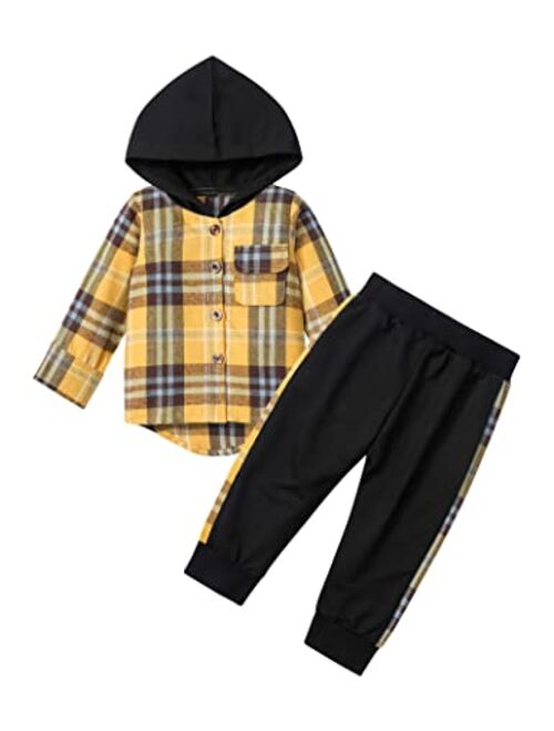 Donwen Toddler Baby Boy Clothes Baby Boy Fall Clothes Plaid Long Sleeve Hoodie + Pants Toddler Clothes for Boys