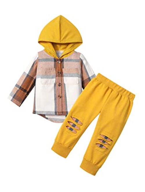 Donwen Toddler Baby Boy Clothes Baby Boy Fall Clothes Plaid Long Sleeve Hoodie + Pants Toddler Clothes for Boys