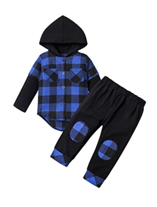 Donwen Toddler Baby Boy Clothes Baby Boy Fall Clothes Plaid Long Sleeve Hoodie + Pants Toddler Clothes for Boys