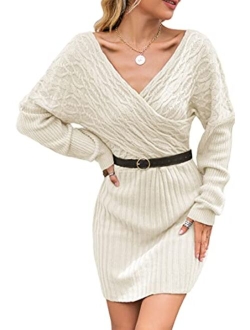 Women's 2021 New Elegant Wrap Batwing Sleeve Pullover Sweater Dress V Neck Bodycon Sexy Knit Cocktail Winter Dress