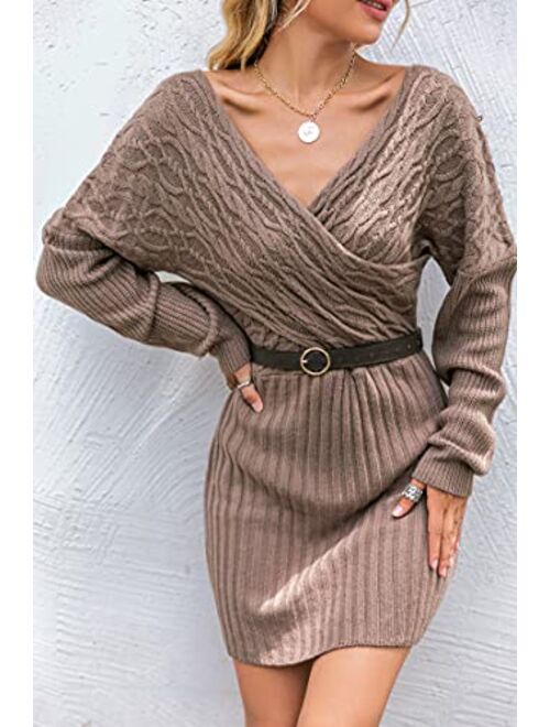 BerryGo Women's 2021 New Elegant Wrap Batwing Sleeve Pullover Sweater Dress V Neck Bodycon Sexy Knit Cocktail Winter Dress