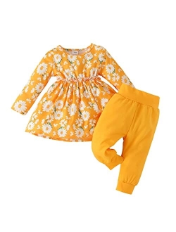 GBSELL 2023 Kids Baby Girl Clothes Toddler Sunflower Outfit Ruffle Sleeve Shirt Pant Set with Headband Fall Winter Clothing