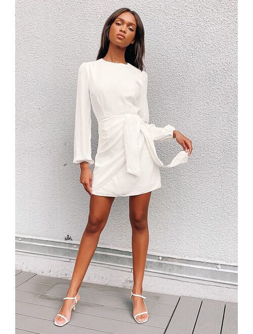 Lulus Believe It or Knot White Long Sleeve Tie-Front Skater Dress