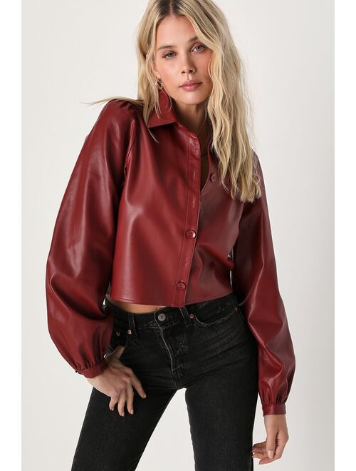 Lulus Impressive Vibe Burgundy Vegan Leather Button-Up Top