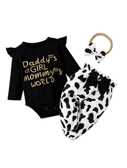 PATPAT 3Pcs Newborn Baby Girls Clothes Infant Letter Cow Print Romper Ladybug Floral Pant Set Fall Winter Outfits