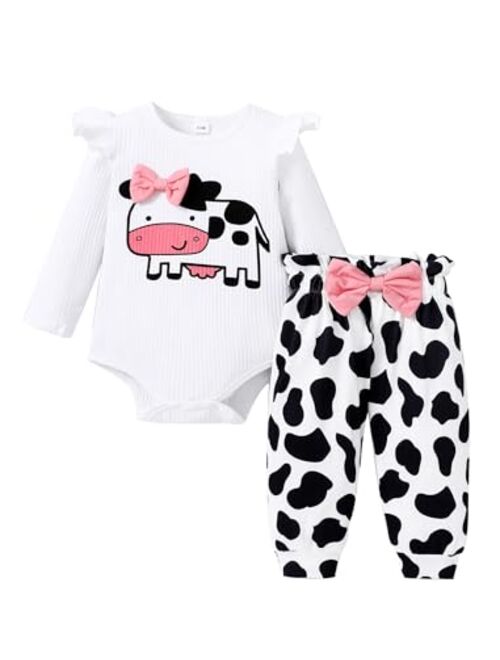 PATPAT 3Pcs Newborn Baby Girls Clothes Infant Letter Cow Print Romper Ladybug Floral Pant Set Fall Winter Outfits