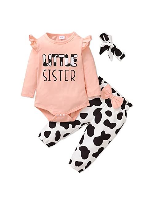 PATPAT 3Pcs Newborn Baby Girls Clothes Infant Letter Cow Print Romper Ladybug Floral Pant Set Fall Winter Outfits