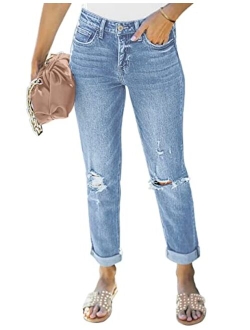 Vetinee Women's High Rise Destroyed Boyfriend Jeans Washed Distressed Ripped Denim Pants