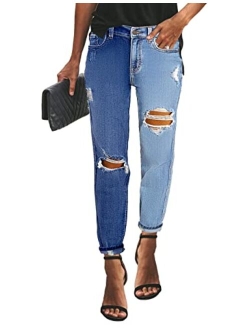 Vetinee Women's High Rise Destroyed Boyfriend Jeans Washed Distressed Ripped Denim Pants